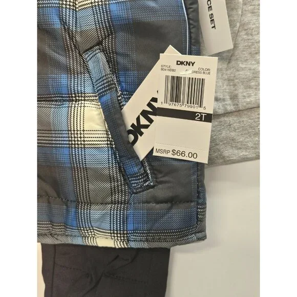 DKNY‎  Size 2T Set Of 3, Plaid Blue Vest/ Black Pants/ Grey Long Sleeve Printed - Picture 4 of 13